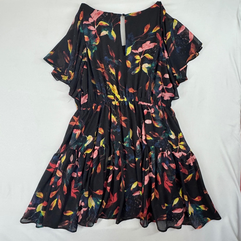 Torrid Womens Plus Size 4 Leaf Print Chiffon Flutter Sleeve Tiered Mini Dress - Picture 9 of 10